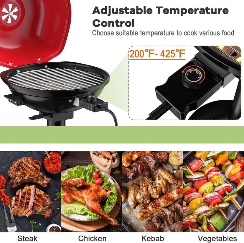 Giantex Electric Grill Indoor Outdoor, 1600W Portable Barbecue Grill with Removable Non-Stick Grilling Rack, Adjustable Temperature, Oil Drip Tray, for Picnic Camping Backyard Cooking (Red)
