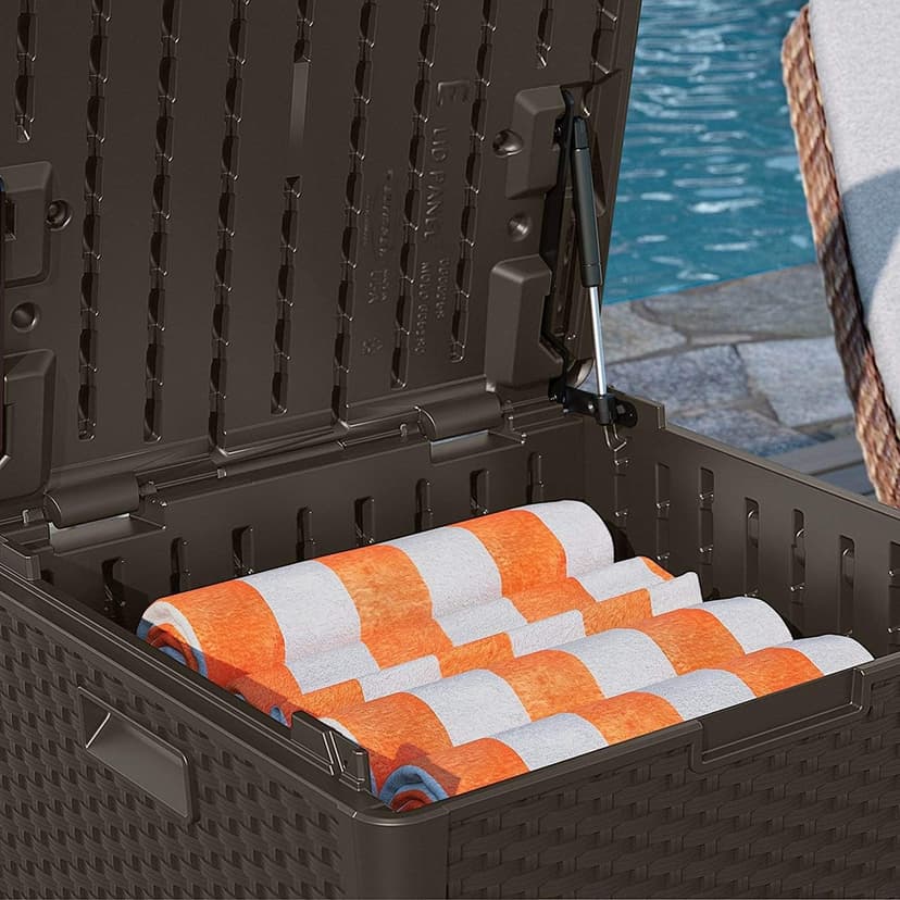 Suncast 60 Gallon Resin Outdoor Patio Storage Box, Water-Resistant Deck Storage Container, for Cushions, Garden Tools, and Outdoor Accessories, Java, Made in the USA