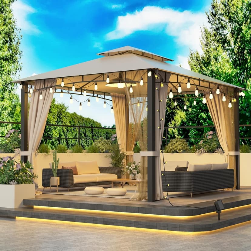 Outdoor Patio Gazebo 10x12, Heavy Duty Gazebos, Soft Top Gazebo with Metal Frame, Double Roof Canopy, Mosquito Nets & Privacy Enclosures, Permanent Pavilion for Decks & Backyards