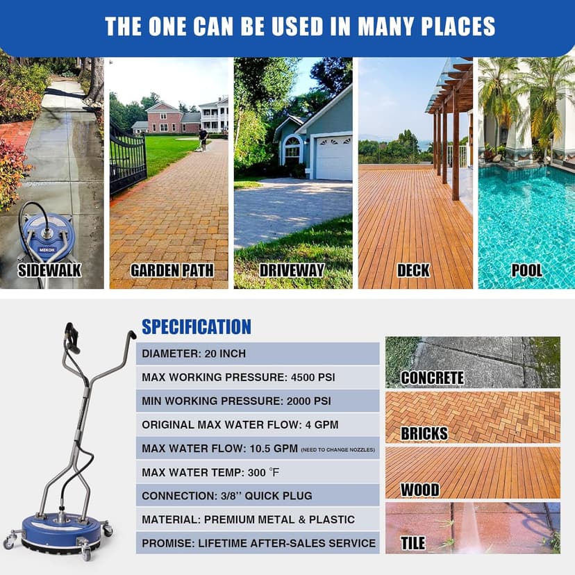 Pressure Washer Surface Cleaner 20'', 4500PSI Power Washer Surface Cleaner Attachment with Wheels, Pressure Washer Accessory for Driveway Sidewalk Curb Deck Patio Cleaning, 3/8'' Quick-Connect