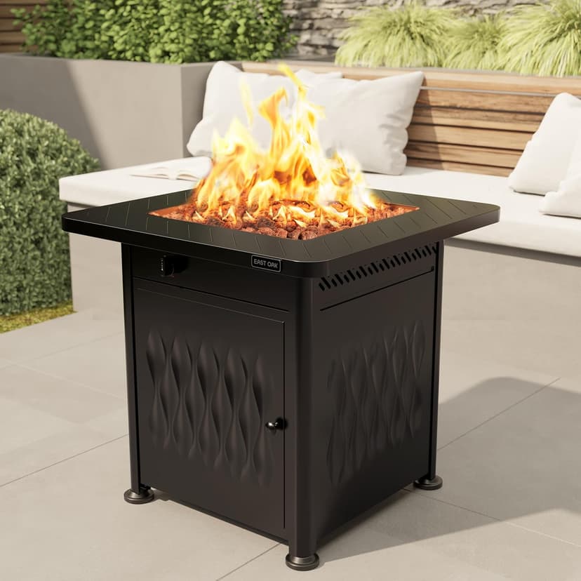 EAST OAK 28" Outdoor Propane Fire Pit Table | 52,000 BTU Gas Fire Pit Table for Outside with Magnetic Lid | Storage Basket & Lava Rocks | CSA Certified for Patio, Garden & Backyard | Black