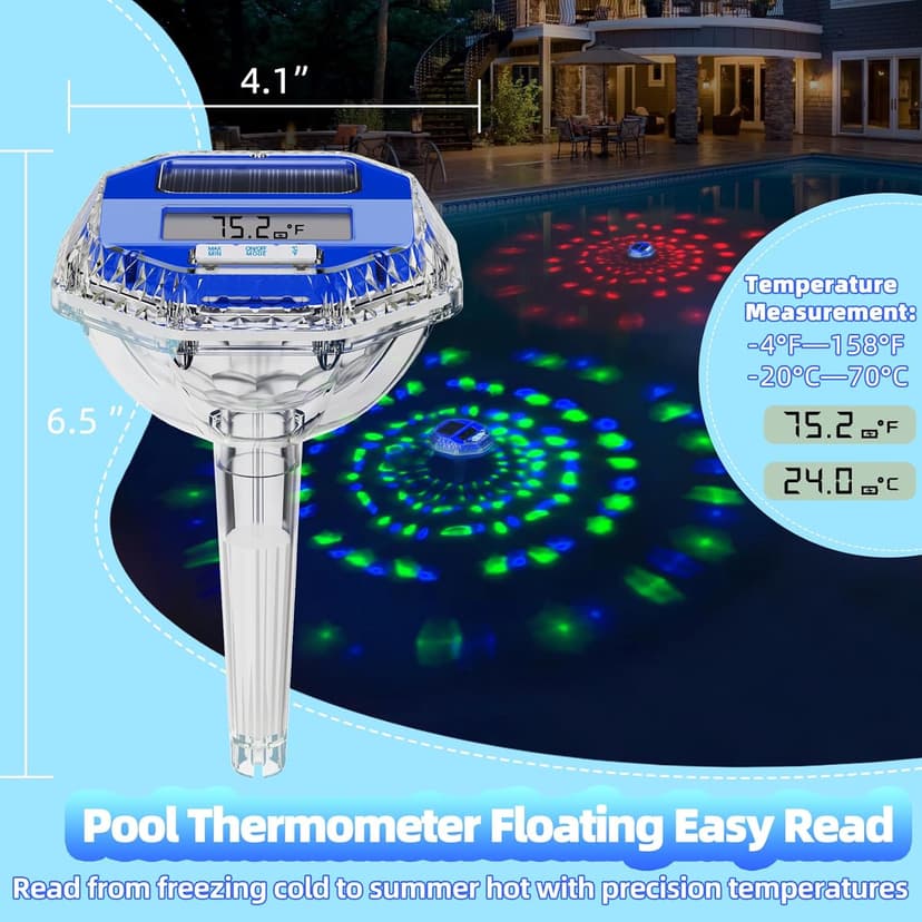 Solar Digital Pool Thermometer Floating Easy Read, Solar Pool Temperature Thermometer with Dynamic Light Show, Large LCD Screen & IP68 Waterproof Pools Water Temperature Guage for Hot Tub,Spa