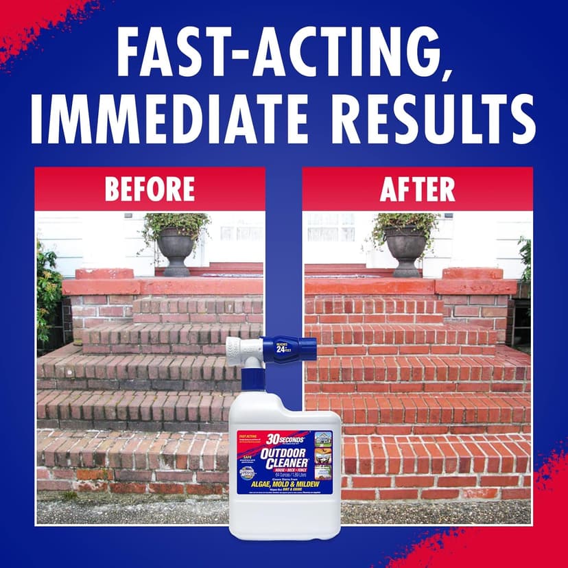 30 Seconds Outdoor Cleaner | Cleans Moss & Algae Stains from House, Vinyl Siding, Deck, Patio, Fence - 3 Capped Bottles, 1 Hose End Spray Attachment (64 Fl Oz (Pack of 3)