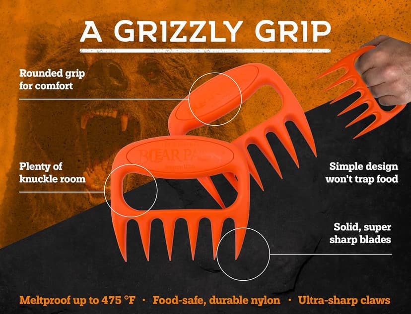 Bear Paws Meat Claws - The Original Meat Shredder Claws, USA Made - Easily Lift, Shred, Pull and Serve Meats - Ultra-Sharp, Ideal Meat Claws for Shredding Pulled Pork, Chicken, Beef, Turkey - Orange