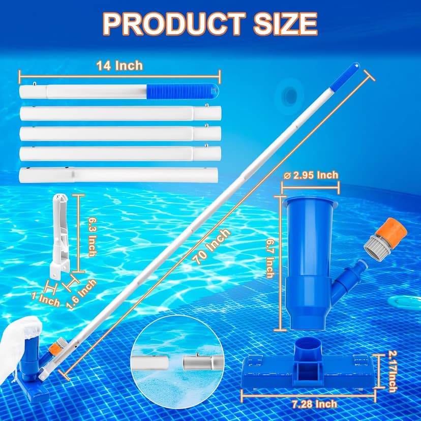 Upgraded Handheld Pool Vacuum for Above Ground Pool - Swimming Pool Jet Cleaner with 70" 5 Section Poles, Small Underwater Vacuum Kit W/Brush for Spas, Ponds, Fountains