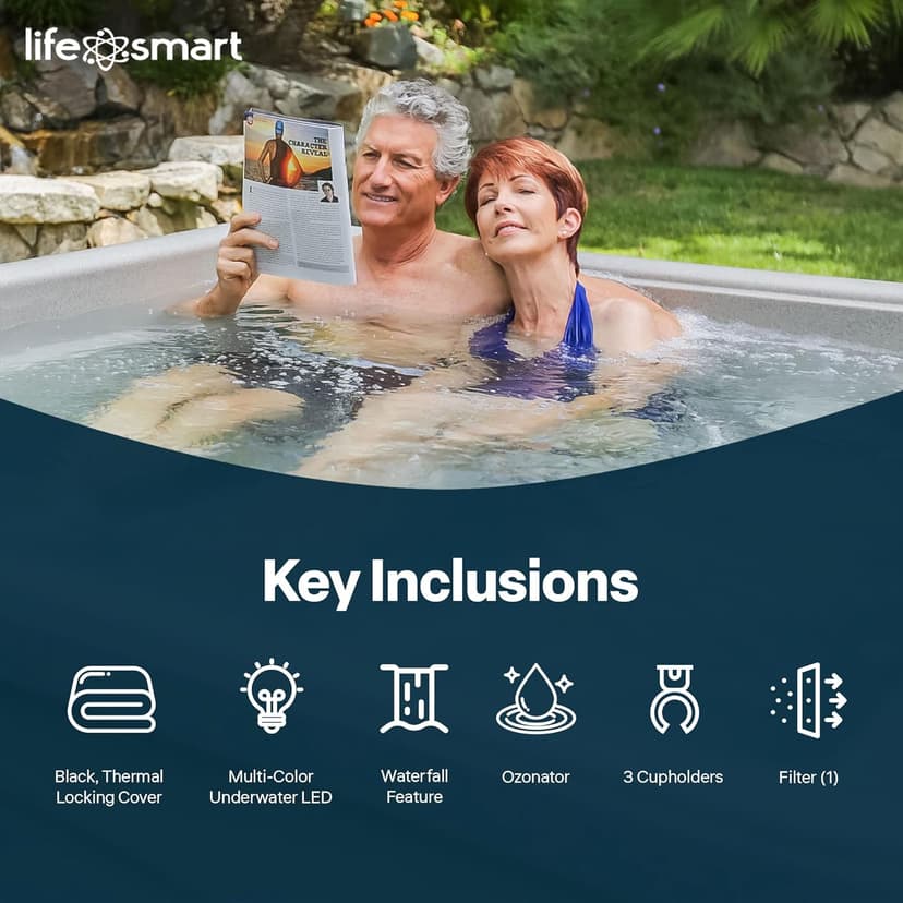 Lifesmart 5-Person Hot Tub, Portable Outdoor Spa w/LED, Waterfall, Cover & Ozonator, Sand