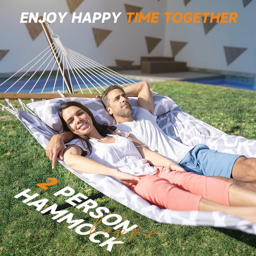 Double Hammock with Stand, 2 Person Cotton Rope Hammock with Removable Polyester Pad, 500LBS Capacity, Portable & Adjustable Design, Includes Storage Bag, Indoor Outdoor Use,White-Gray