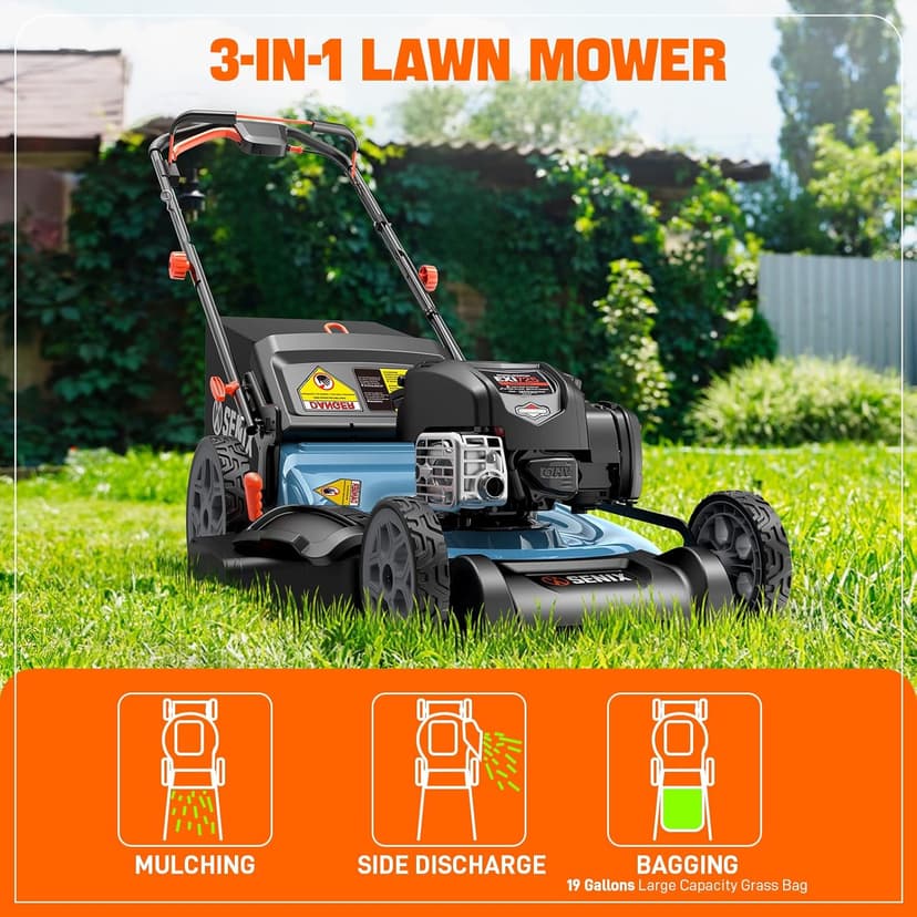 SENIX LSSG-H2 22-Inch Self Propelled Gas Lawn Mower with 163 cc 4-Cycle Engine, 3-in-1 Rear Wheel Drive Variable Speed Lawnmower, 6-Position Height Adjustment with 11-Inch Rear Wheels