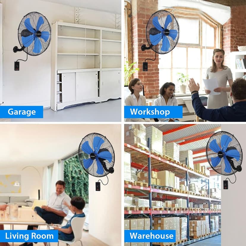 KEN BROWN 18 Inch 3-Speed High Velocity Industrial Oscillating Fan, Wall Mount Fan with Max. 4200 CFM, Seperated Switch and 5 Blades, Heavy Duty Metal for Household/Patio/Workshop, Blue