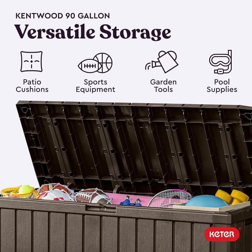 Keter Kentwood 92 Gallon Resin Deck Box-Organization and Storage for Patio Storage Box Outdoor Cushions, Throw Pillows, Garden Tools and Pool Floats, Brown