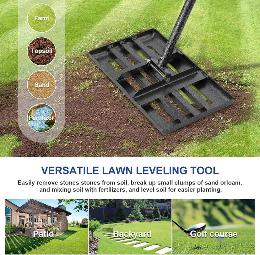 Heavy Duty Leveling Rake for Lawn, Yard & Soil - 5FT Stainless Steel Garden Tool, Rust-Proof Dirt Leveler for Turf, Golf & Football Fields