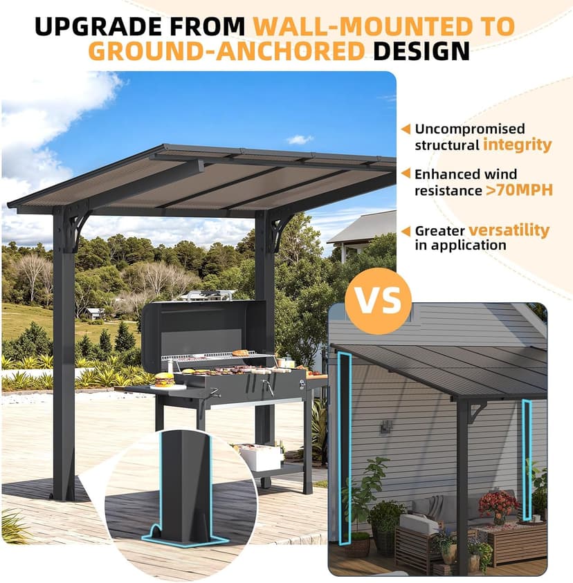 AECOJOY 8' x 5' Gazebo Outdoor Pergola for Patio, Freestanding Lean to Hard Top Grill Gazebo Carport Pergolas and Gazebos Clearance with Roof, Small Wall-Mounted Heavy Duty Awnings for Patio, Decks