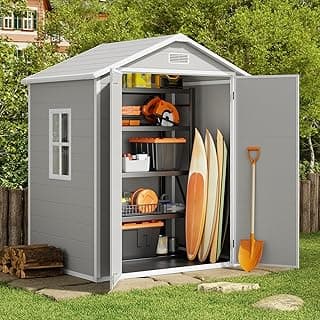 Gizoon 6x4.4 FT Resin Outdoor Storage Shed, Heavy-Duty Weather-Resistant Plastic Garden Shed with Floor for Patio Furniture, Gardening Tools, Lawn Equipment, Lockable Door, Easy Assembly, Grey