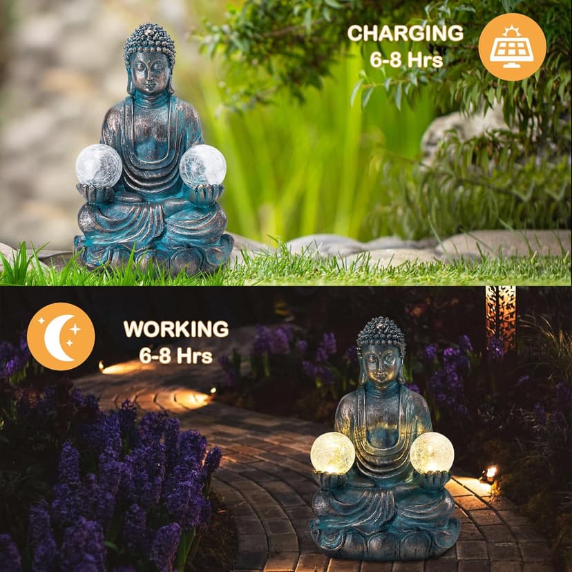 Afirst Meditating Buddha Garden Statues Solar Buddha Sculpture Decor with Glass Balls Zen Meditation for Home Garden Yard Patio Indoor Outdoor Ornaments