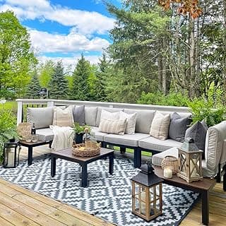 Sophia & William 6 Pieces Outdoor Patio Furniture Set, Metal Sectional Sofa Set Patio Conversation Set-2 x Single Sofa with Side Table,1 x Loveseat,2 x Single Couch,1 x Tea Table(Beige Grey)