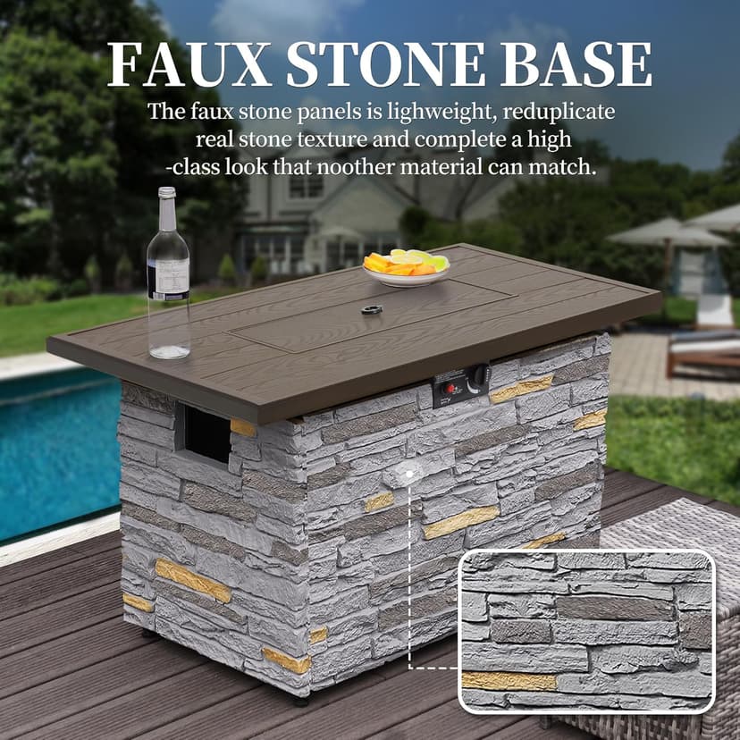 43" Propane Fire Pit Table Outdoor Rectangular Stone Firepit Table 50000 Btu Propane Fire Tables for Outside Patio with Glass Wind Guard, Lid, Fire Glass Beads, Pizzello Caldo (Gray Stone)