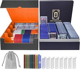 AFIING Trading Card Storage Box 6000+ Capacity – DIY Toploader Case w/ 24 Dividers & 8 Supports, Fits 3x4 Rigid Card, Deck Box for MTG TCG Sports Cards– Black & Orange