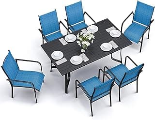 7-Piece Outdoor Patio Dining Set - 6 Stackable Texlin Sling Chairs & 63" Table, Weatherproof Low-Maintenance Furniture for Yard/Porch/Poolside/Garden, Includes Umbrella Hole-Blue