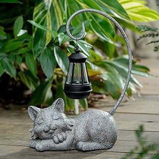 Outdoor Cat Figurine Garden Statue with Solar-Powered LED Light 13.77 Inches Tall Gift Garden Statue Decor for Cat Lovers Marbled