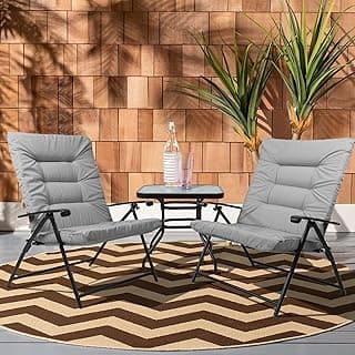 3 Pieces Patio Padded Folding Chair, Outdoor Adjustable Reclining Lounge Chairs with Tempered Glass Table (Grey)