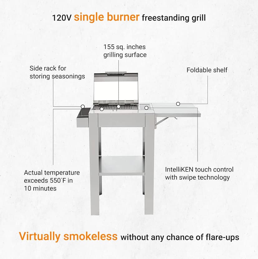 KENYON Frontier IntelliKEN Touch Control Electric Grill with Stand, Single Burner Freestanding Grill, UL Approved For Indoor and Outdoor Use, Coated Drip Tray, Auto Shut Off Timer, 120V