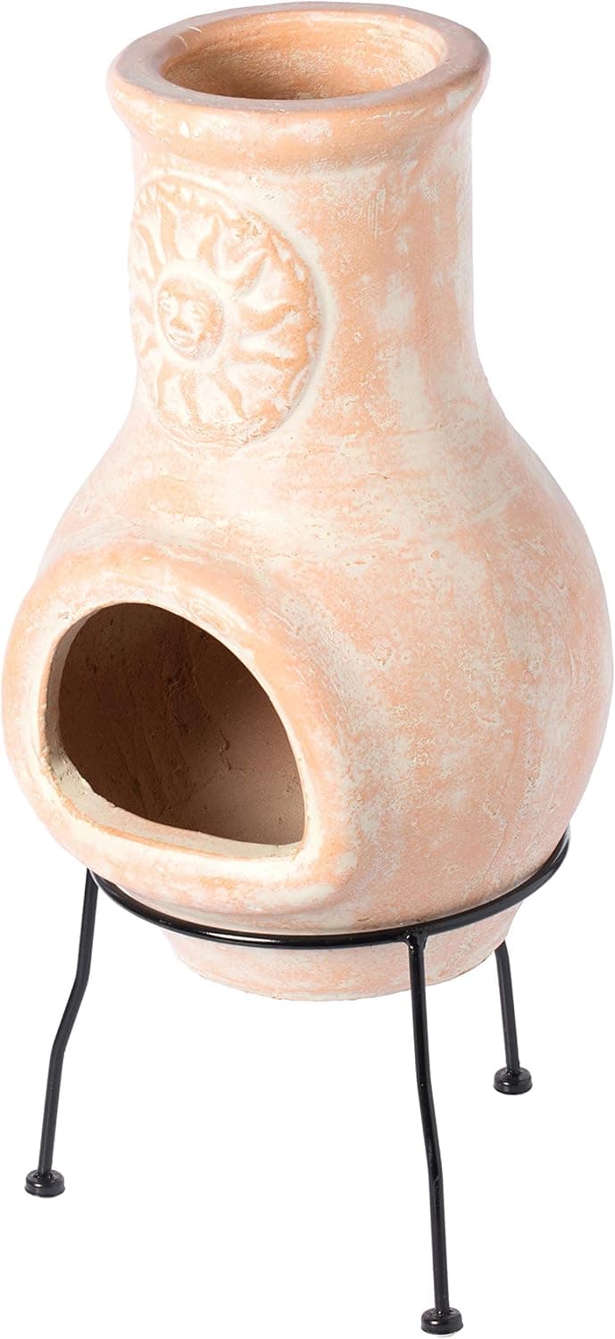 Beige Outdoor Clay chiminea Outdoor Fireplace Sun Design Charcoal Burning Fire Pit with Sturdy Metal Stand, Barbecue, Cocktail Party, Family Gathering, Cozy Nights Fire Pit