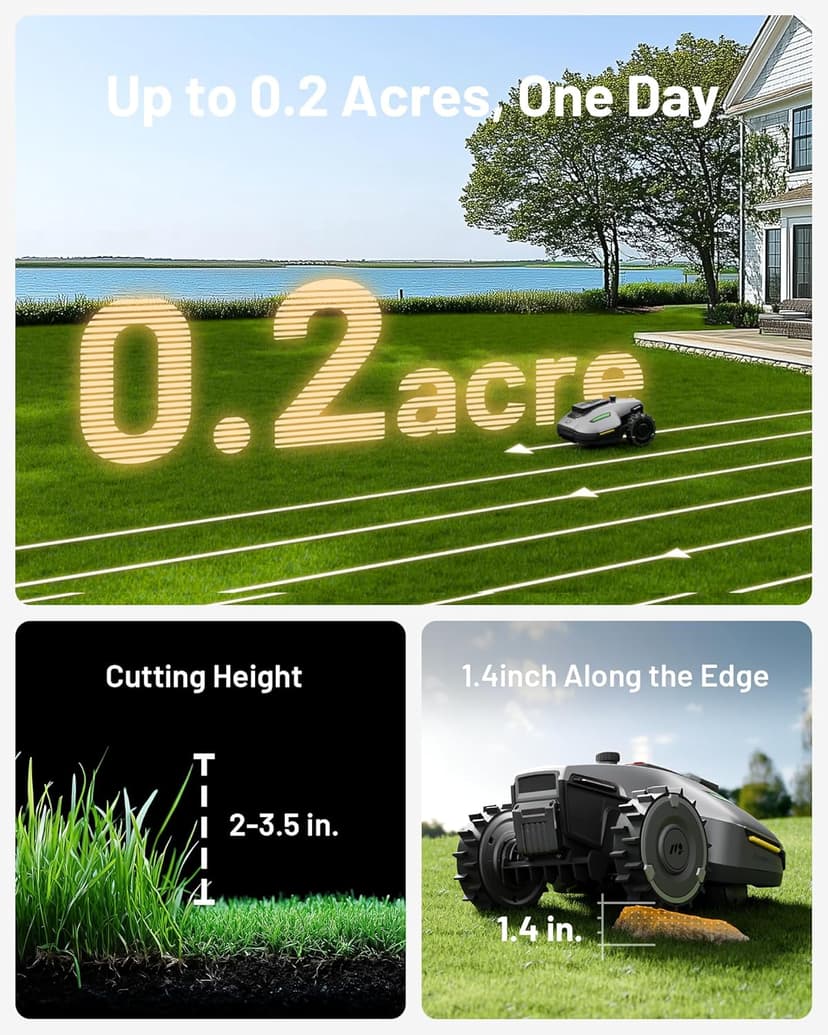 YUKA Mini 500H Robotic Lawn Mower with Garage Standard, Reception 0.12 Acre, Max Mowing 0.17 Acre, Ultrasense AI Vision+ RTK, Auto Mapping, 50% Slope, Cutting Height 2''~3.5'', 15 Mowing Zones