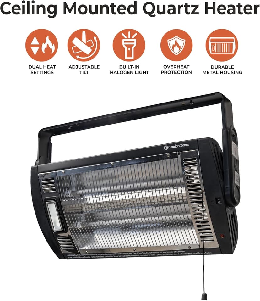 Comfort Zone Ceiling Mounted Space Heater, 90 Degree Adjustable Tilt, Dual Quartz, Radiant, Electric, Safety Grille, Overheat Protection, Hardware Included, Ideal for Workshop, Garage, 1,500W, CZQTV5M