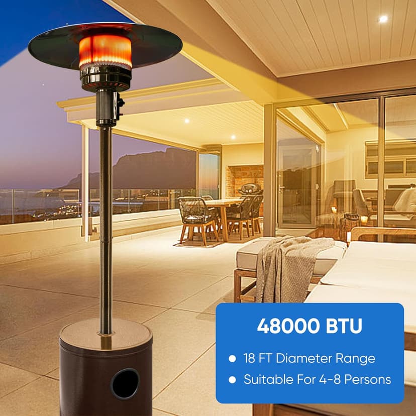 OLIXIS 48,000 BTU Propane Heaters with Wheels, Patio Heater Outdoor with Round Table Design, For Deck Porch Garden Commercial Residential, 17.7 x 17.7 x 87 inches (LxWxH)