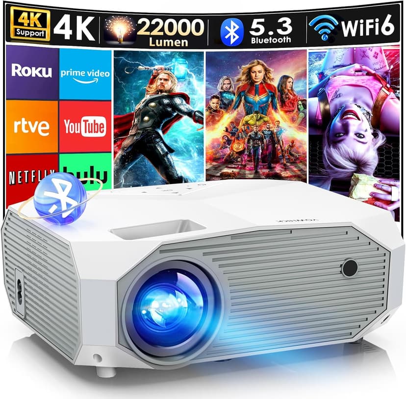 YOWHICK 4K Projector with WiFi and Bluetooth, 20000L Native 1080P Outdoor Portable Movie Projector, Smart Video Projector, 50% Zoom/400" Display, Compatible with HDMI/USB/PC/TV/PS5/DVD/Android/iOS