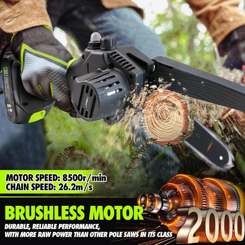 2-in-1 Cordless Pole Saw, 6 Inch Brushless Pole Chainsaws Mini Handheld Chainsaw with 2× 21V Batteries, 6.5lb Lightweight, Auto Oiling, 15 FT MAX Extension Pole Saws for Tree Trimming