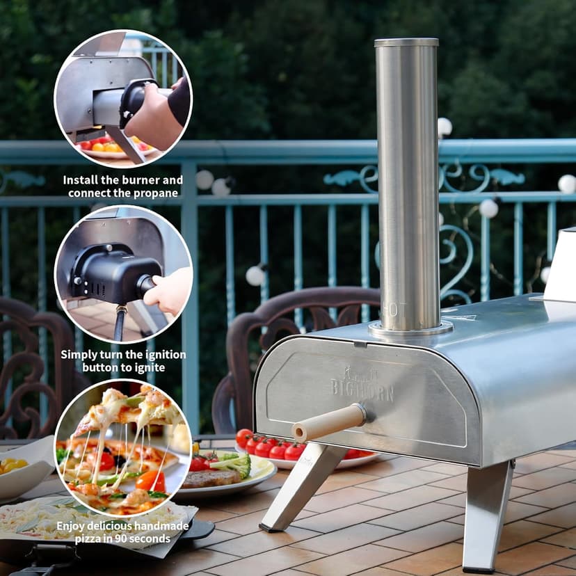 BIG HORN OUTDOORS 12" Multi-Fuel Pizza Oven, Portable Outdoor Pizza Oven, Wood Fired & Propane Gas, Pellet Pizza Maker with Pizza Stone
