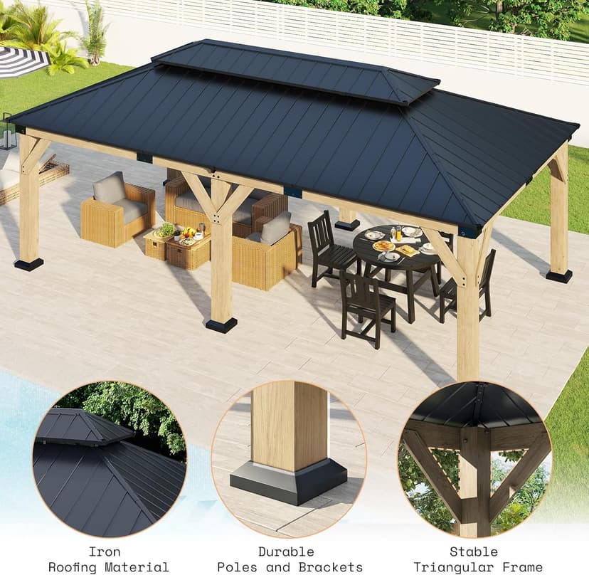 AMERLIFE 12x20 ft Hardtop Gazebo, Solid Wood Gazebo with Iron Double Roof, Outdoor Pergola with Wood Frame for Garden, Porch, Patio, Charcoal Gray + Brown Gray