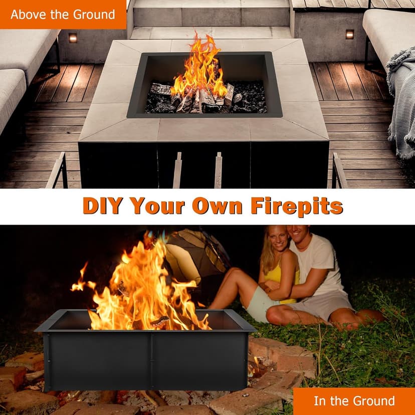OUSHENG 32 Inch Square Fire Pit Ring Insert for Outside Wood Burning, 36 Inch Outer Large Solid Steel Firepit Liner for Above or In-Ground Outdoor DIY Camping Garden Patio Backyard