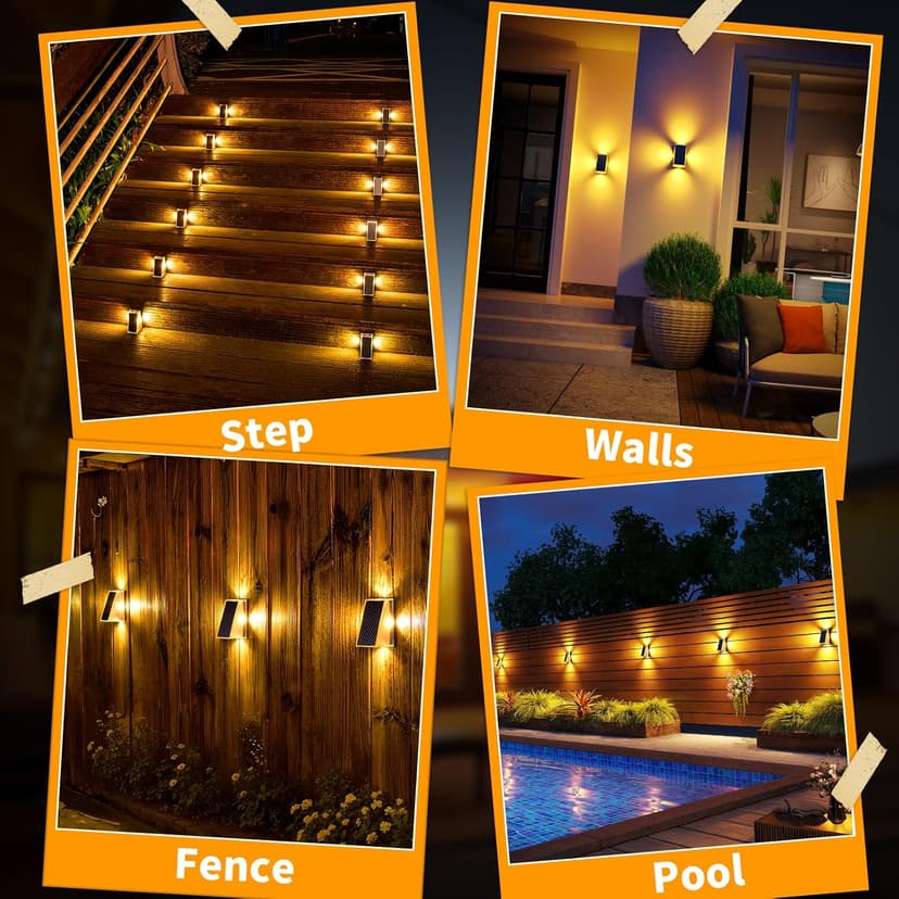 KINKAI Outdoor Solar Lights - 6 Pack Fence Lights Solar Deck Light Outdoor Wall Light with 11 Lighting Modes for Outside Garden Stairs Pool (Warm Light)