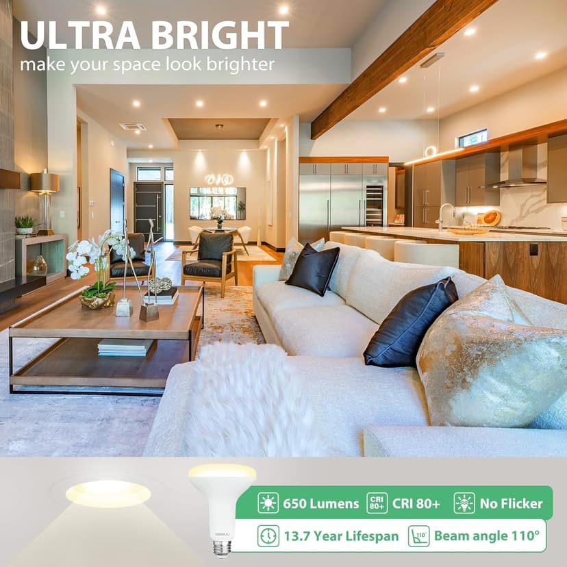 12 Pack BR30 LED Recessed Light Bulb, Dimmable Indoor Flood Light Bulbs CRI80 7W Equivalent 65W 2700K Soft White 650 Lumens, 15000 Lifetime Hours E26 Base LED Can Light Bulb, Flicker-Free