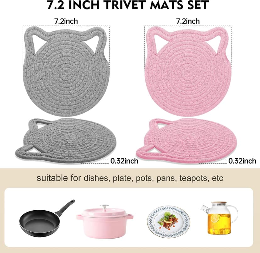 7.2 Inch Trivets for Hot Dishes, 2Pack Cotton Trivets for Hot Pots and Pans, Heat Resistant Hot Pads for Kitchen, Cat Ear Large Coaster Trivet Set, Hot Plate Mats for Kitchen Countertops (Light Gray)