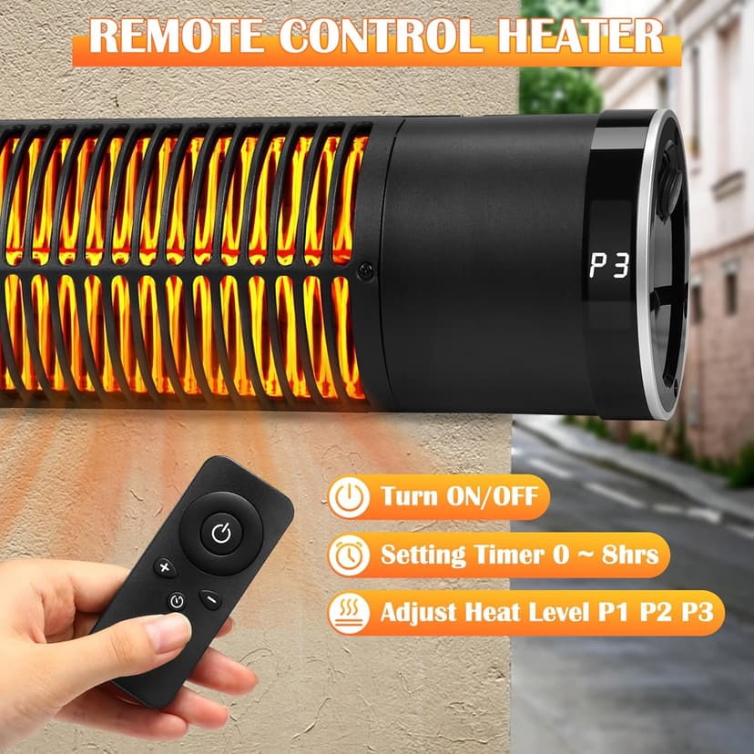 Electric Outdoor Heater, 1500W Patio Heater for Outdoor Use, Wall-Mounted Carbon Infrared Heater,With Remote, 3 Heat Levels, 8H Timers, Radiant Heater for Garage, Gazebos, Shop