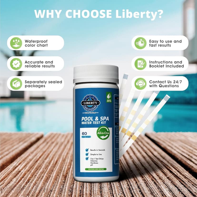 Liberty Gold Standard© Water Test Strips (121-Piece Kit) Testing for Pools & Spas, Hot Tubs - Test Chlorine, pH, Hard Water Hardness Test, Cyanuric Acid, Alkalinity, Bromine (Pool Spa Test Kit)