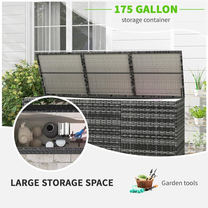 Outsunny 175 Gallon Outdoor Storage Box with Inner Liner, PE Rattan Wicker Deck Box with Pneumatic Bar Lift for Indoor & Outdoor, Patio Furniture Cushions, Pool Supplies, Garden Tools, Mixed Gray