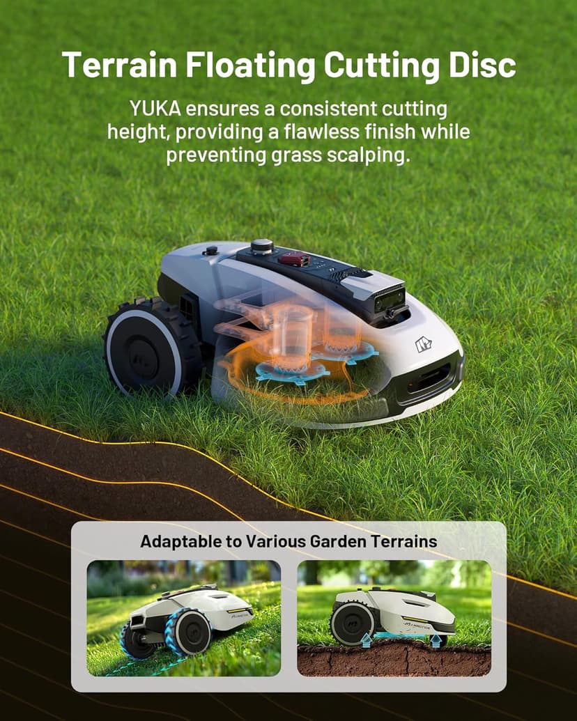 YUKA 2000 Robot Lawn Mower with 4G, Reception 0.5 Acre,Max. 0.7 Acre, Ultrasense AI Vision & RTK, Auto Mapping & App Control,45% Slope,Wireless Perimeter,Dual Cutting Discs, 20 Mowing Zones