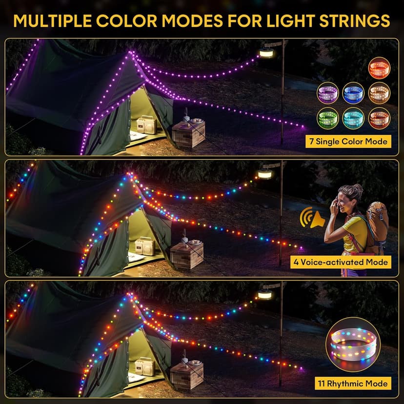 HOKONE Camping String Lights, 32.8FT 22 Lighting Modes Waterproof Rechargeable Quick Storage Portable Tent Lights Perfect for Spring Night Camping, Outdoor, Indoor, Party, Patio, Garden, Holiday Decor