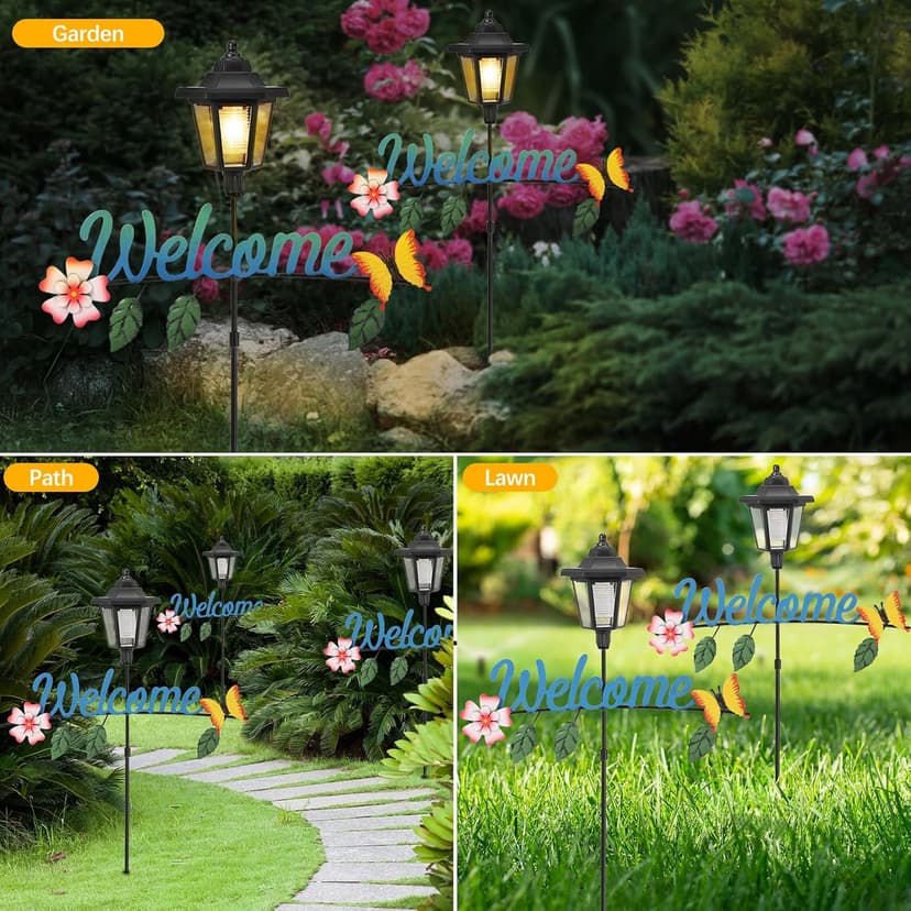 Solar Garden Lights Butterfly, 36.6 Inch Solar Lamp Post Light with Welcome Sign & Butterflies, Outdoor Waterproof Solar Stake Lights for Yard Porch Patio Pathway Gardening Gifts, 2 Pack