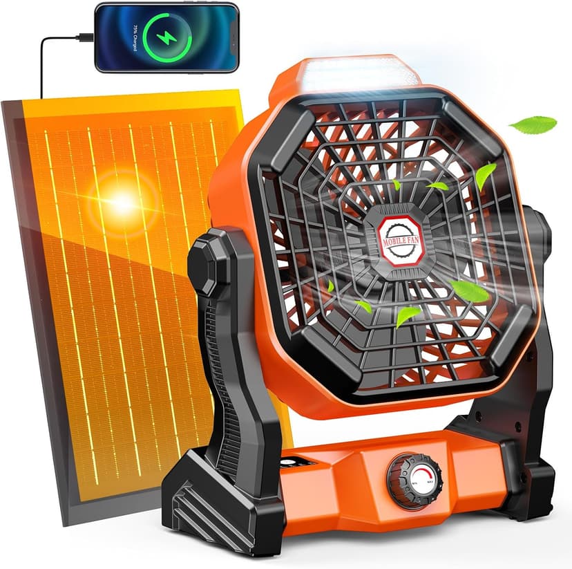 10800mAh Solar Powered Fan, 7W Solar Camping Fans & Led Lantern, 8-inch Rechargeable Fan with Solar Panel, Battery Operated Powered Outdoor Tent Fans for Camping Essentials Accessories