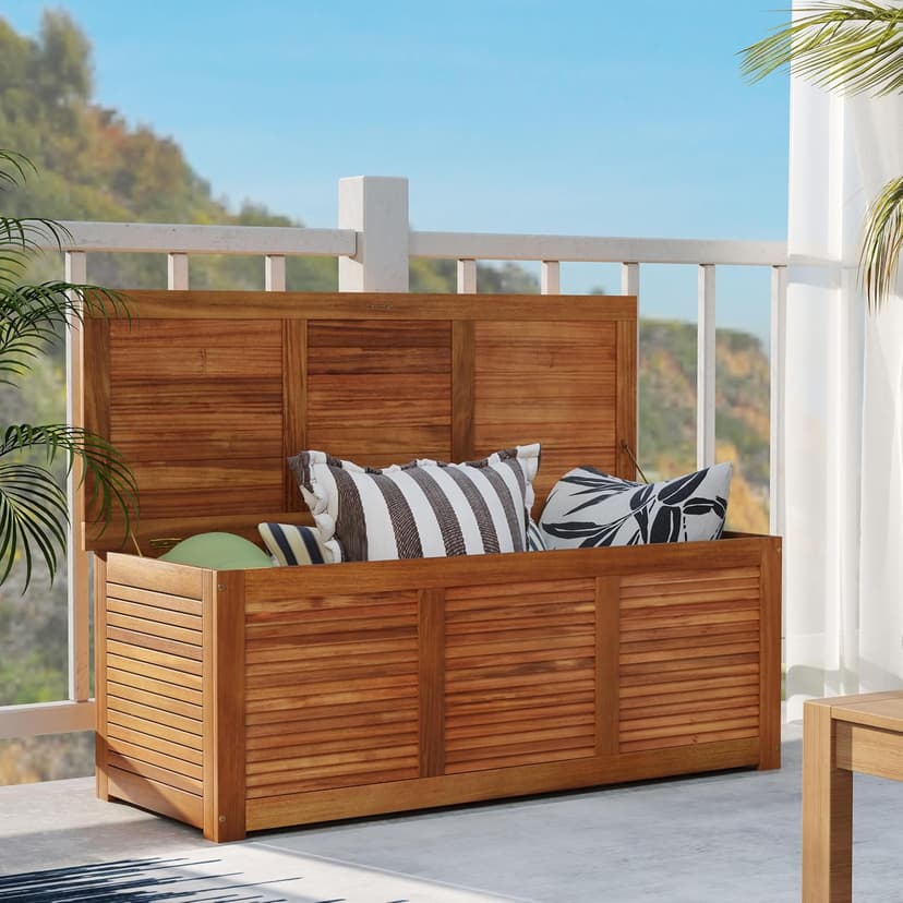 RELAX4LIFE Deck Box Acacia Wood - 46 Gallon Backyard Storage Bin Container for Patio Furniture Cushions, Pillows, Garden Tools, Pool Accessories, Wooden Porch Bench, Indoor Outdoor Storage Box
