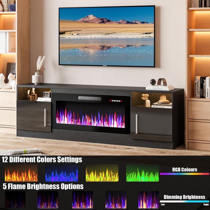 VITESSE Fireplace with TV Stand 36" inch Electric Fireplace Up to 80" TVs, LED Light Entertainment Center, 70" Modern Wood High Gloss with Highlight Storage Cabinet for Living Room (Black)