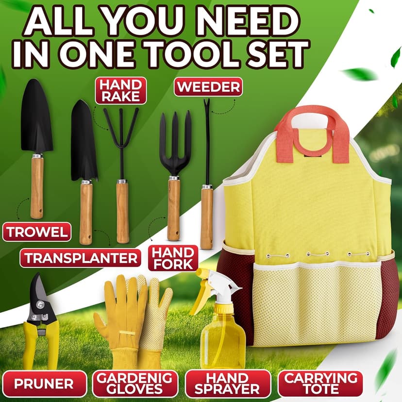 9 Pcs Garden Tool Set for Women – Ergonomic Lightweight Gardening Hand Tools with Convenient Little Bag, Sturdy Metal Garden Tools Set, Easy Handling for Outdoor Plant Care, Gardening Gifts for Women