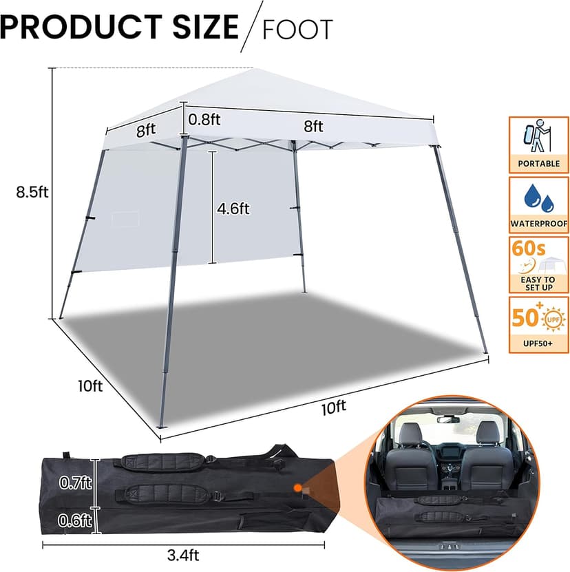 Yaheetech Pop Up Canopy Tent with Backpack, 10x10 Base Portable Easy One Person Setup Folding Shelter Compact Lightweight Slant Leg Canopy with 1 Sidewall, 8x8 Top, White