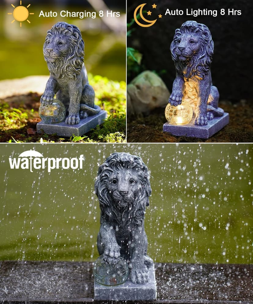 Nacome Solar Guardian Lion Garden Statue: Outdoor Decor Sculpture with Ball Lights for Yard Art Porch Patio - Unique Birthday Gifts for Women Mom