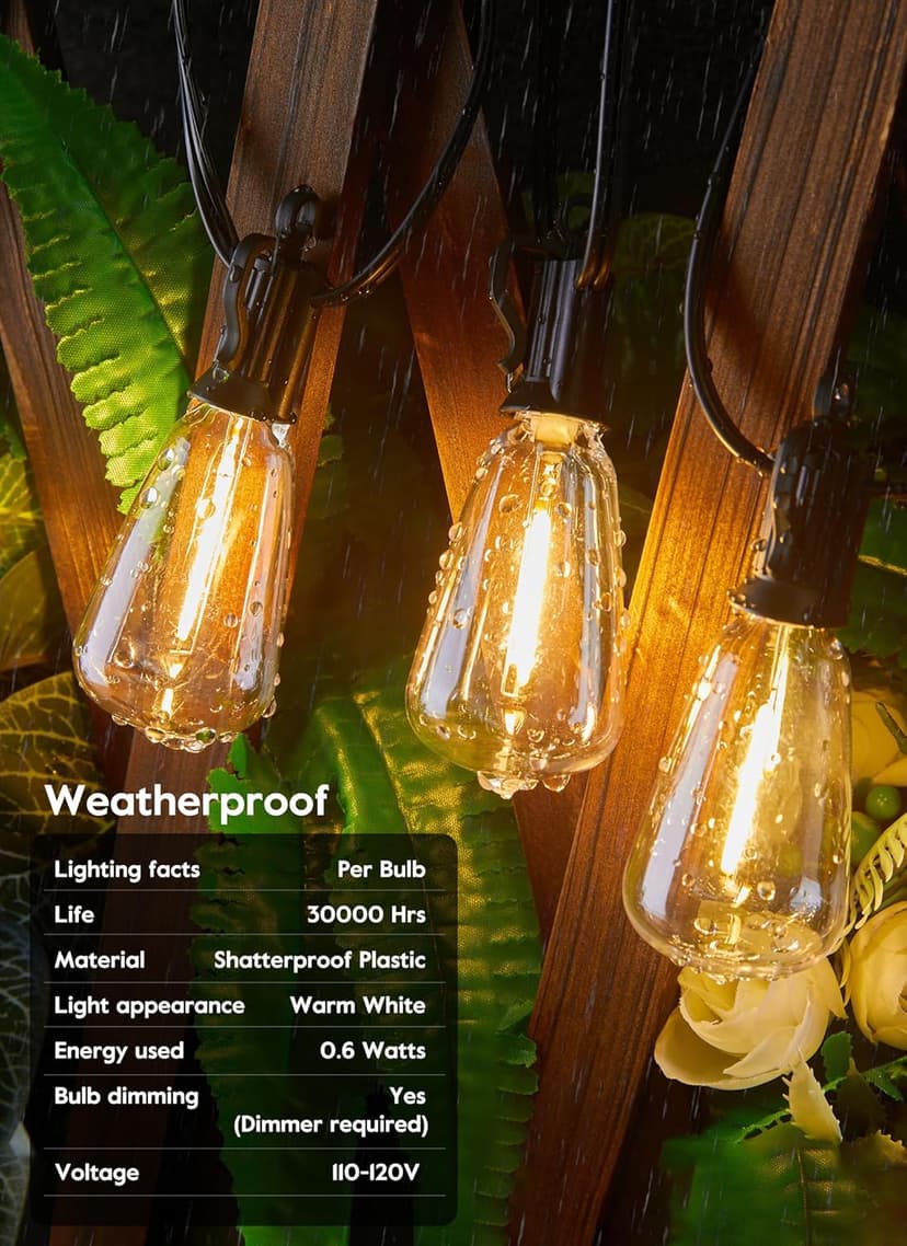Brightown Outdoor String Lights 100FT Patio Outside Hanging Lights with 52 Shatterproof ST38 Dimmable Vintage Waterproof Edison Bulbs for Backyard Deck Garden Party Xmas Decor, 2700K